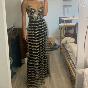 STUNNING Tadashi Embroidered Black and Gold Mesh Gown MSRP $568